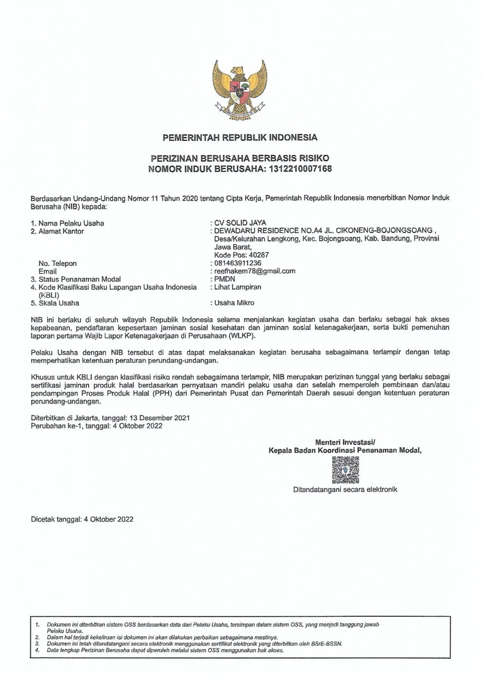 Nomor Induk Berusaha CV. Solid Jaya